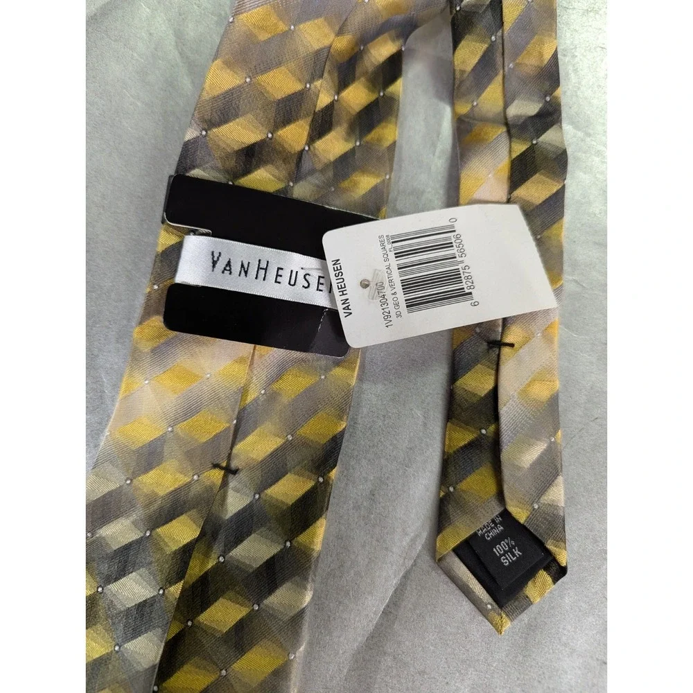 H Van Heusen Yellow grey 3D geo & vertical Squares mens‎ neck tie NWT